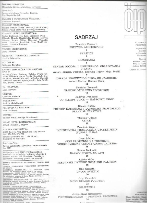 tomislav premerl (ur.): Čovjek i prostor - mjesečnik saveza arhitekata hrvatske - studeni 1982. broj 11