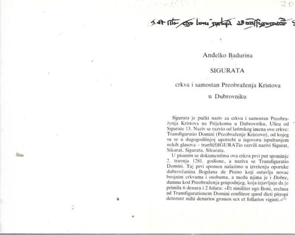 anđelko badurina: sigurata - crkva i samostan preobraženja kristova u dubrovniku