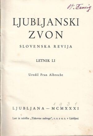 joža glonar (ur.): ljubljanski zvon - mesečnik za književnost in prosveto - letnik li