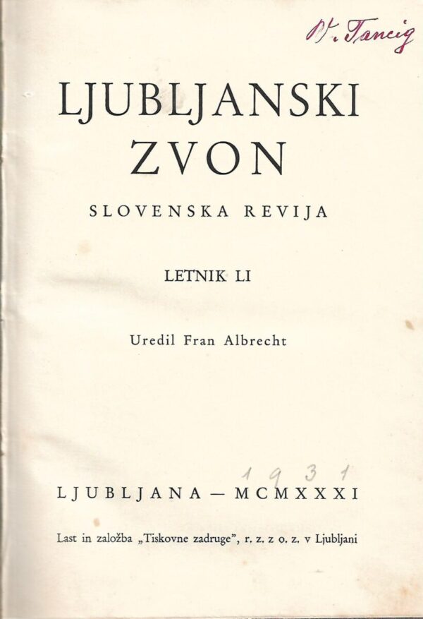 joža glonar (ur.): ljubljanski zvon - mesečnik za književnost in prosveto - letnik li