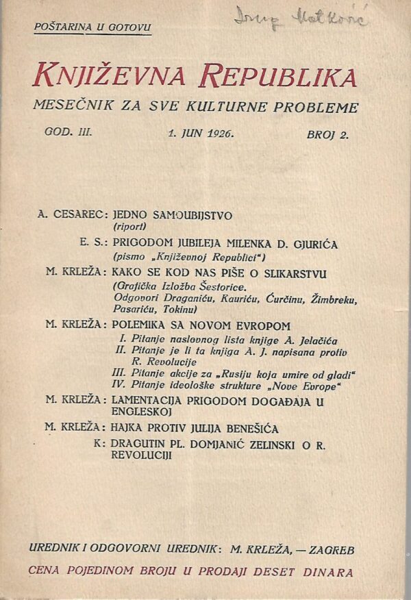 miroslav krleža (ur.): književna republika - mesečnik za sve kulturne probleme - god. iii - broj 2.