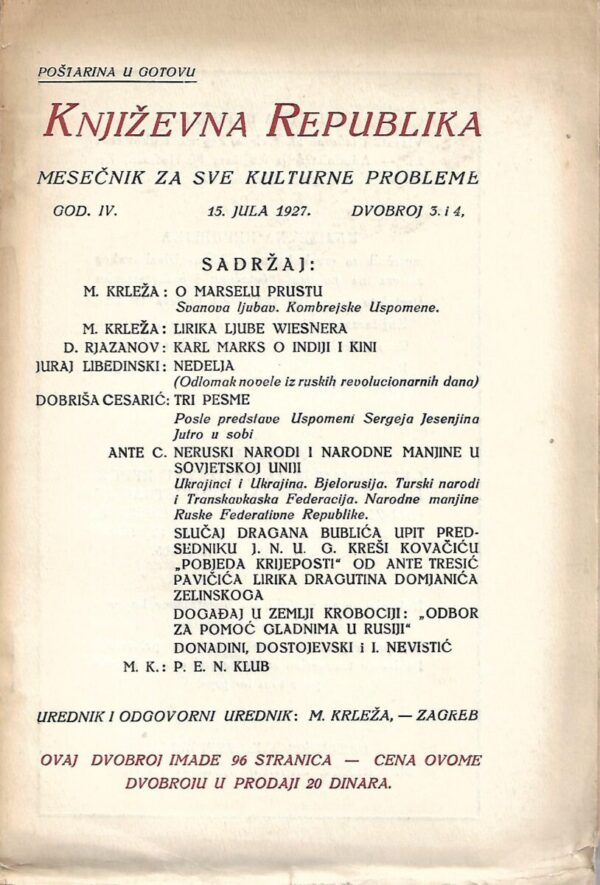 miroslav krleža (ur.): književna republika - mesečnik za sve kulturne probleme - god. iv. - dvobroj 3. i 4.