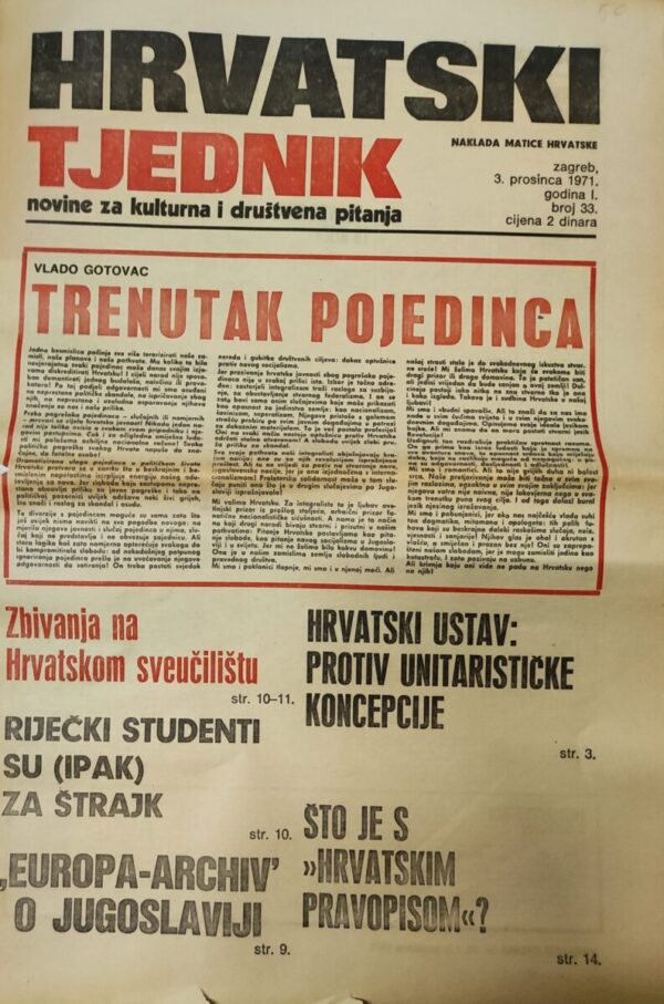 hrvatski tjednik - novine za kulturna i društvena pitanja 03.12.1971.