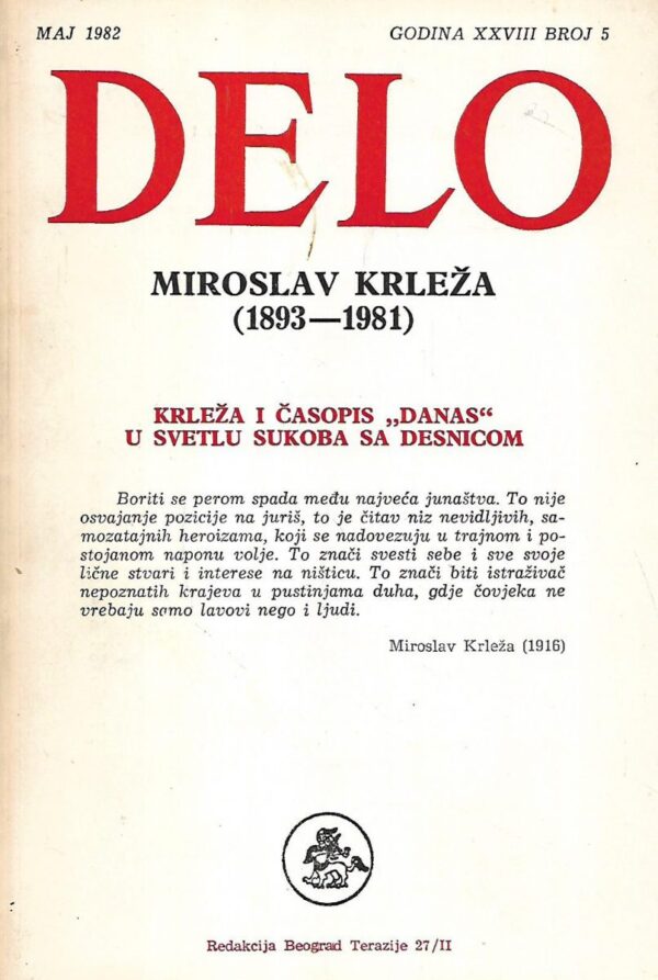 delo: maj 1981., godina xxviii, broj 5 (miroslav krleža 1893-1981)