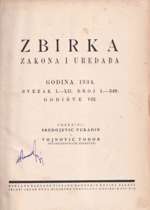 vukadin, todor: zbirka zakona i uredaba - godina 1934.