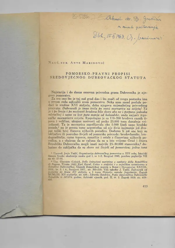 ante marinović: pomorsko-pravni propisi sredovječnog dubrovačkog statuta (s potpisom)